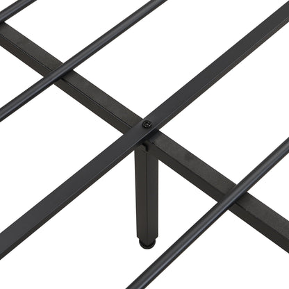 Modern black metal bed frame with cross rails, screw-fastened joints, and caster wheels on Tampa Home & Garden Store