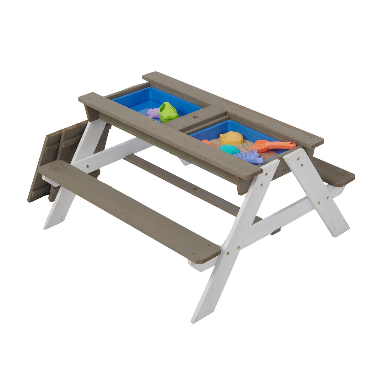 Kids picnic table with sand and water conversion, cedar outdoor table with two blue bins and toys on Tampa Home & Garden Store