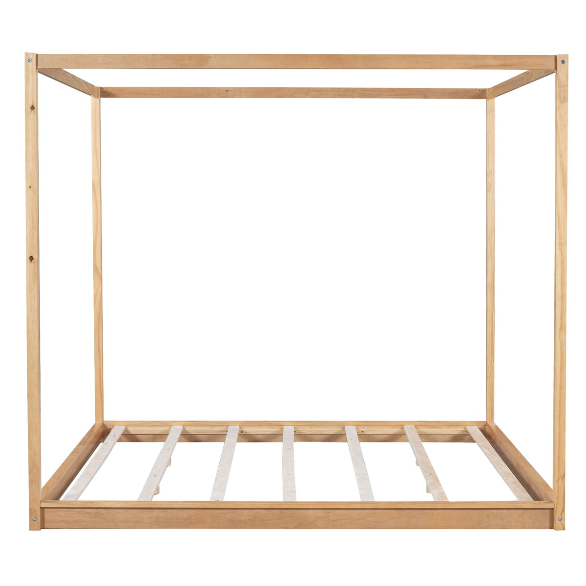 Wood canopy platform bed frame in light wood with four posts and airflow slat base on Tampa Home & Garden Store