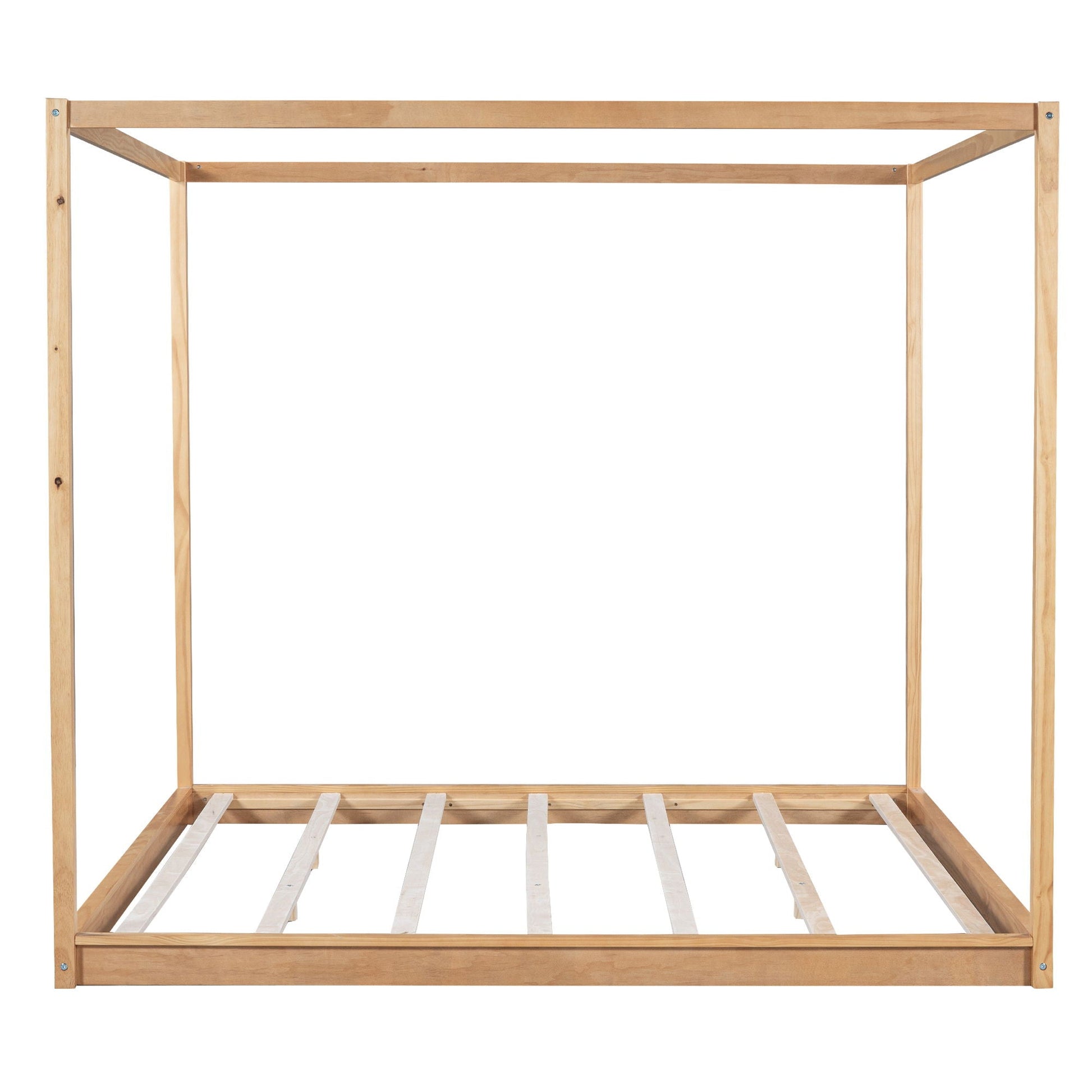 Wood canopy platform bed frame in light wood with four posts and airflow slat base on Tampa Home & Garden Store