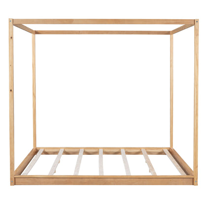 Wood canopy platform bed frame in light wood with four posts and airflow slat base on Tampa Home & Garden Store