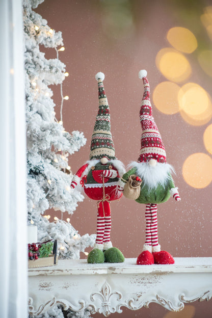 Set of 2 fabric standing holiday gnomes with red and green striped knit hats, snow base on Tampa Home & Garden Store