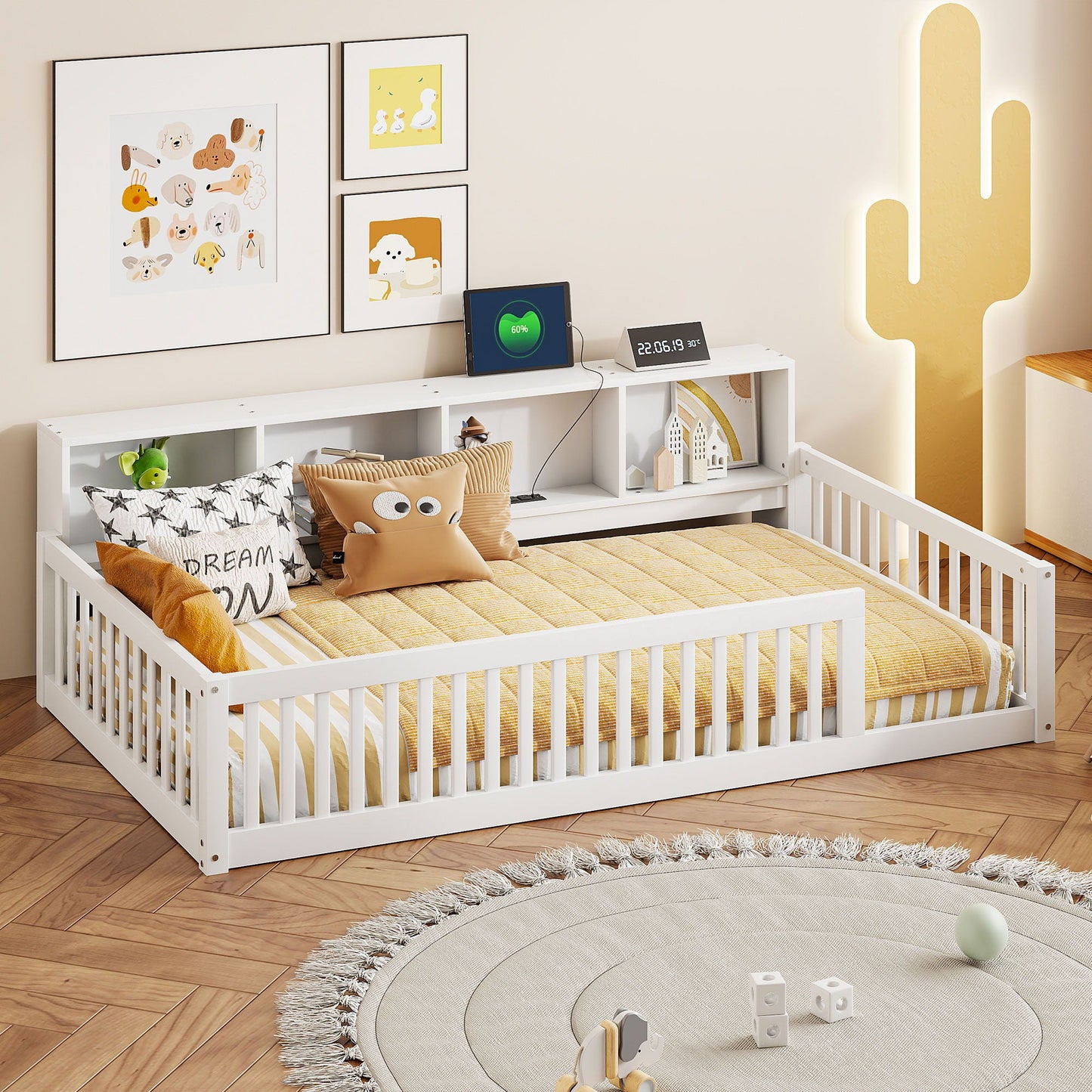 Floor bed with storage cabinets and USB ports, white frame with yellow striped bedding on Tampa Home & Garden Store