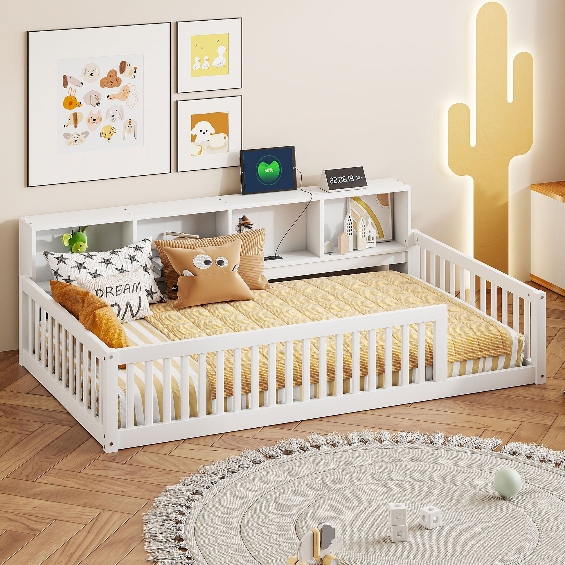 Floor bed with storage cabinets and USB ports, white frame with yellow striped bedding on Tampa Home & Garden Store