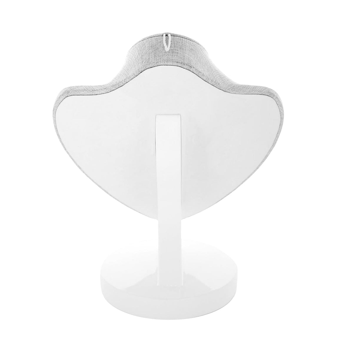Gray Linen Necklace Jewelry Display, heart-backed linen edge on white stand on Tampa Home & Garden Store