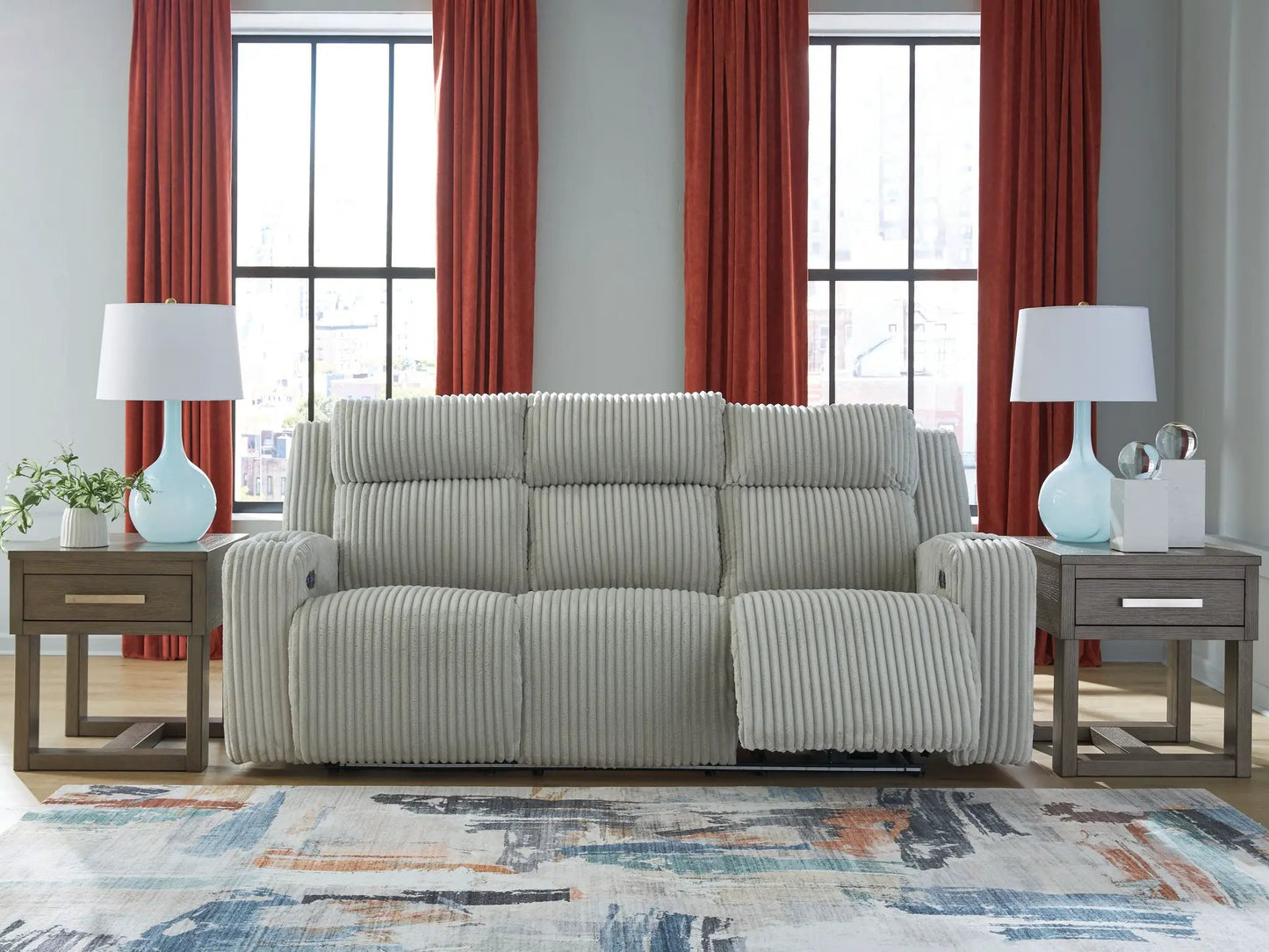 Forest Lake power reclining sofa with adjustable headrest in gray ribbed fabric on Tampa Home & Garden Store
