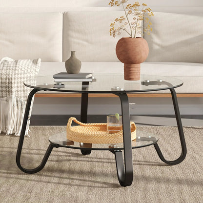 Double Layer Coffee Table by Unique Piece Furniture with glass top and black legs, lower shelf on Tampa Home & Garden Store