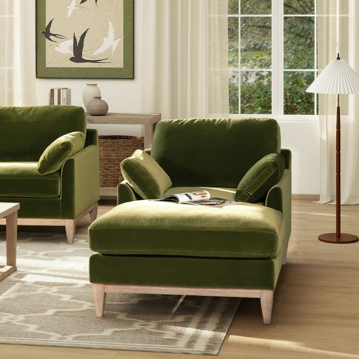 Olive green farmhouse chaise lounge chairs with sustainable rubberwood bases in living room on Tampa Home & Garden Store