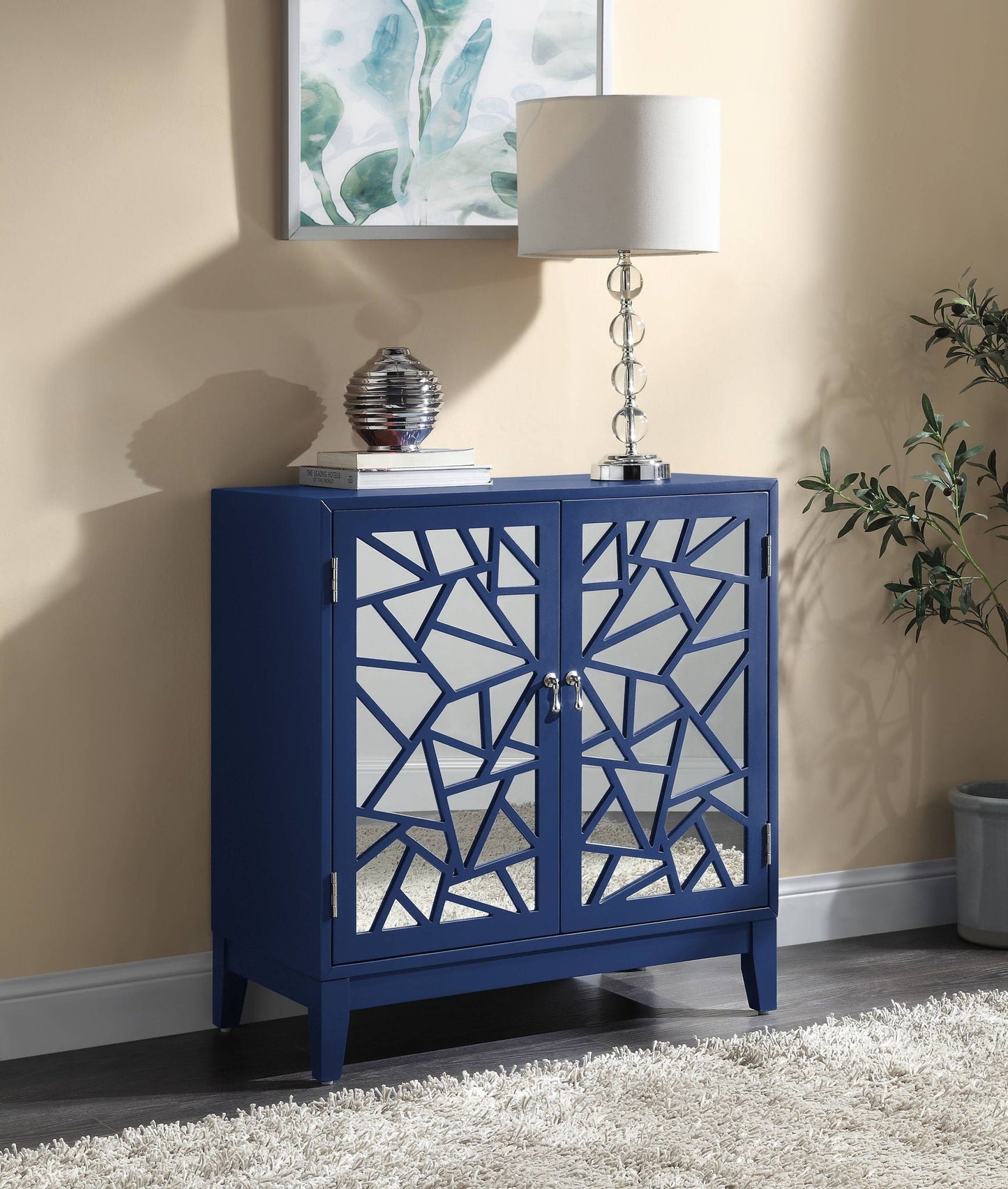 Einstein blue console cabinet with white geometric lattice doors accent table by HouseOfZazla on Tampa Home & Garden Store