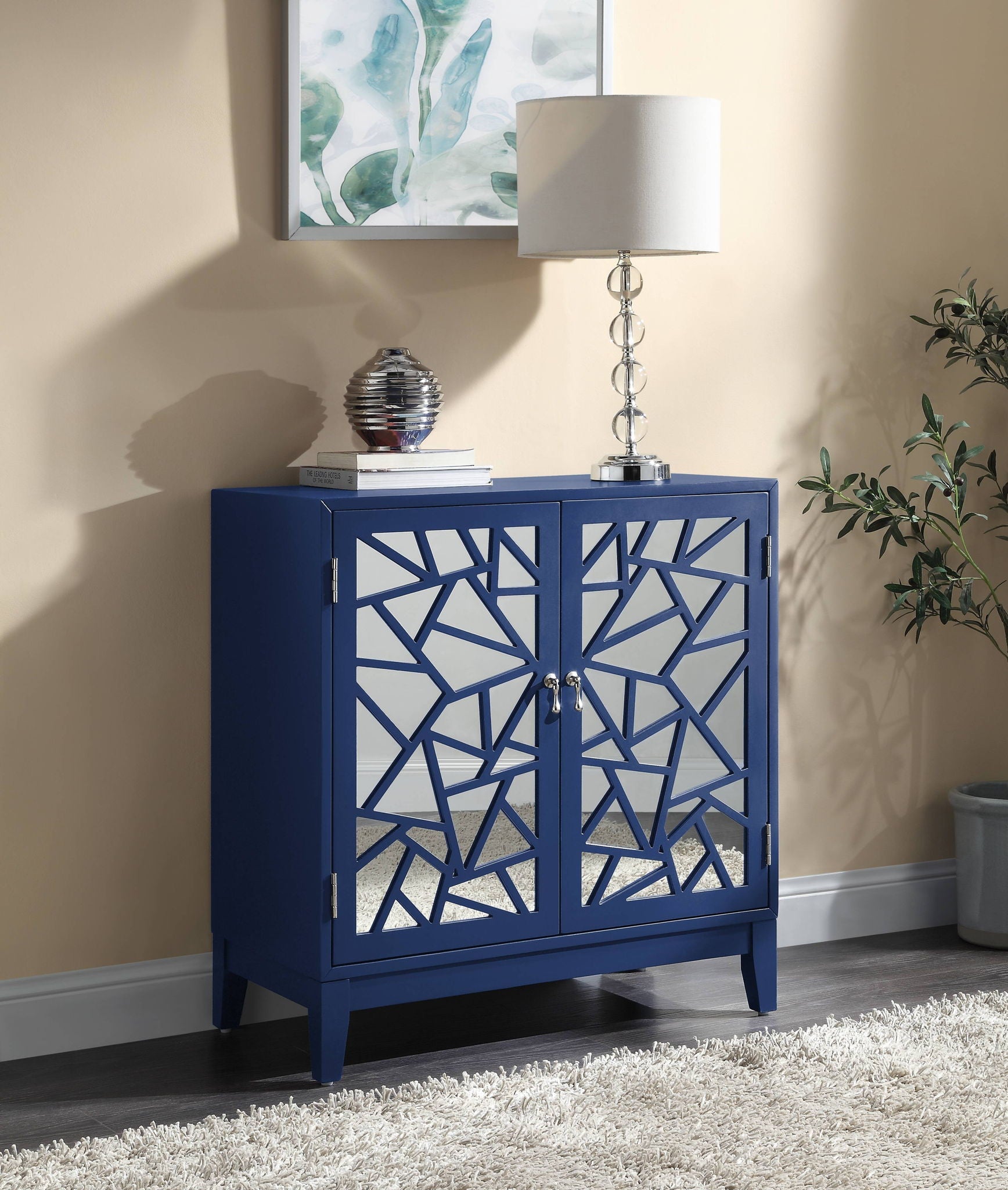 Einstein blue console cabinet with white geometric lattice doors accent table by HouseOfZazla on Tampa Home & Garden Store