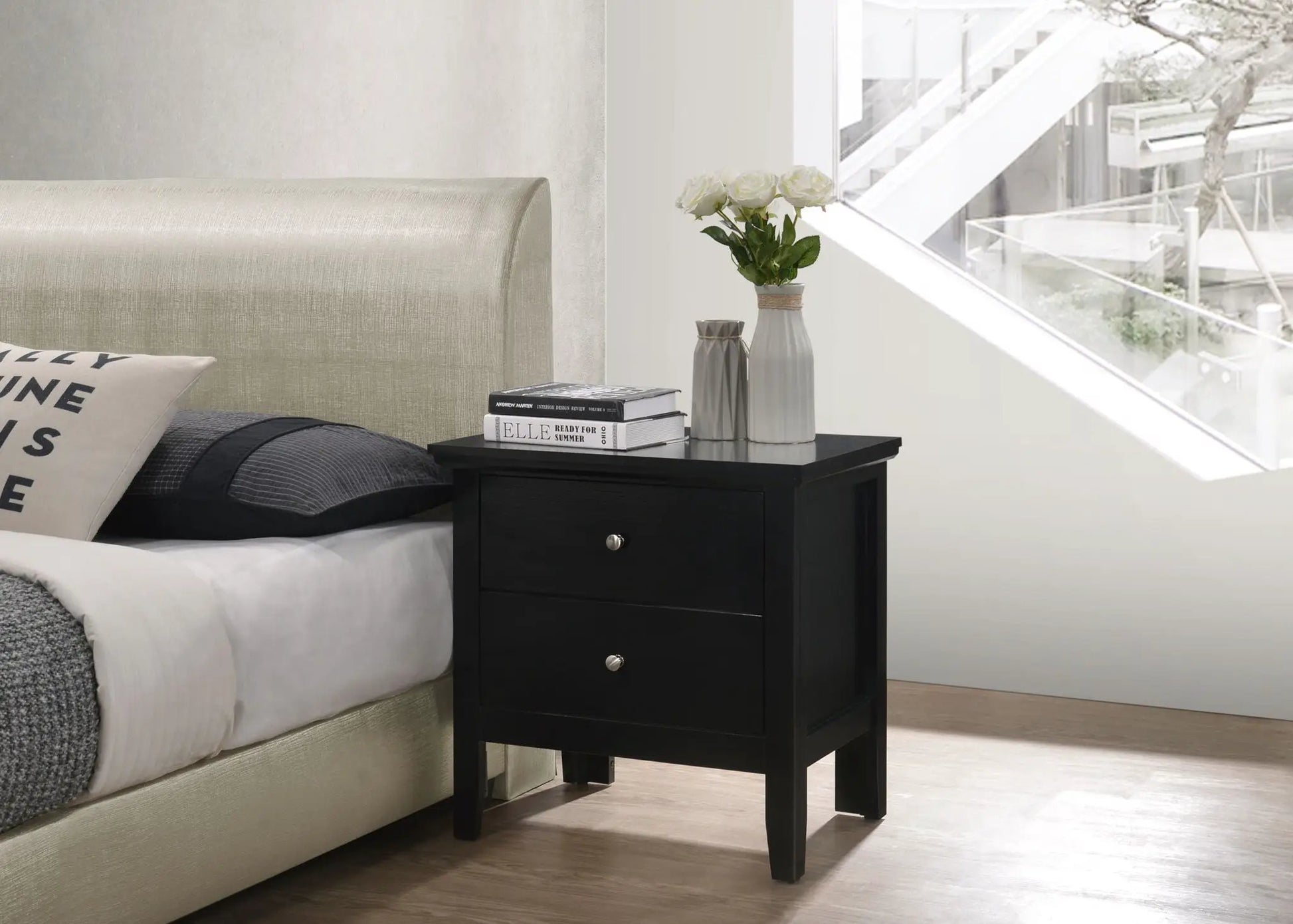 English Dovetailed Nightstand with Drawers, black finish; 2-drawer unit with silver knobs on Tampa Home & Garden Store