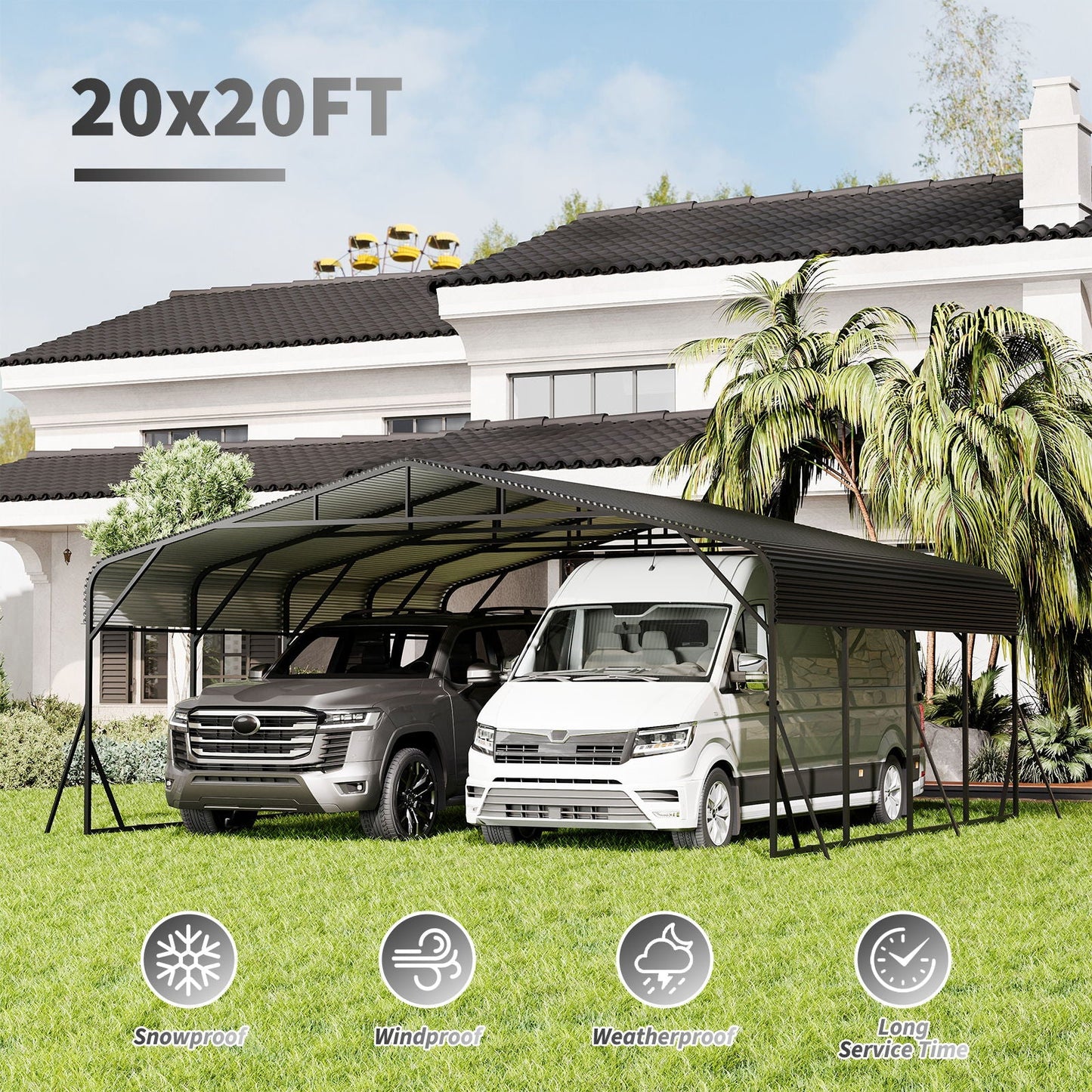 Heavy Duty Carport All Weather Shelter Black; two vans parked under a metal canopy in a sunny yard on Tampa Home & Garden Store