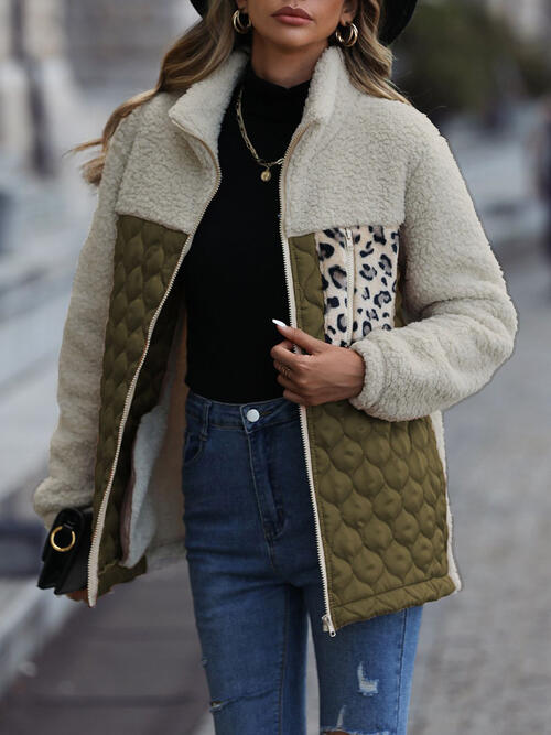 Unique Autumn Leopard Color Block Zip-Up Jacket with cream sherpa and olive quilted panels on Tampa Home & Garden Store