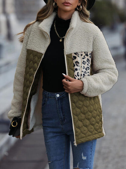 Unique Autumn Leopard Color Block Zip-Up Jacket with cream sherpa and olive quilted panels on Tampa Home & Garden Store