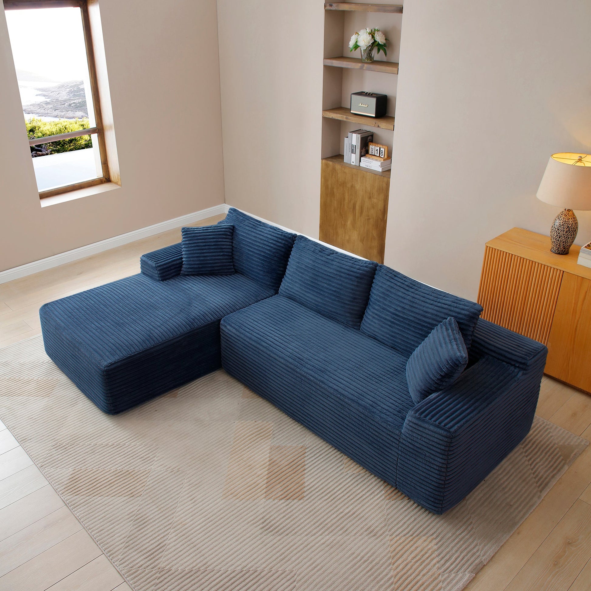105'' modular sectional sofa in deep blue corduroy with chaise for living room on Tampa Home & Garden Store