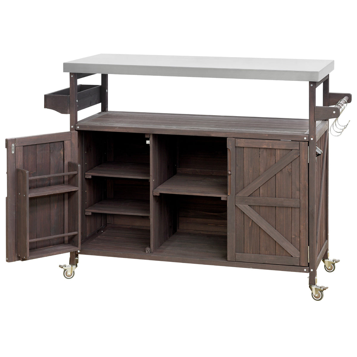 K&K Outdoor Kitchen Island rolling bar cart in dark wood with a gray top and open shelving on Tampa Home & Garden Store