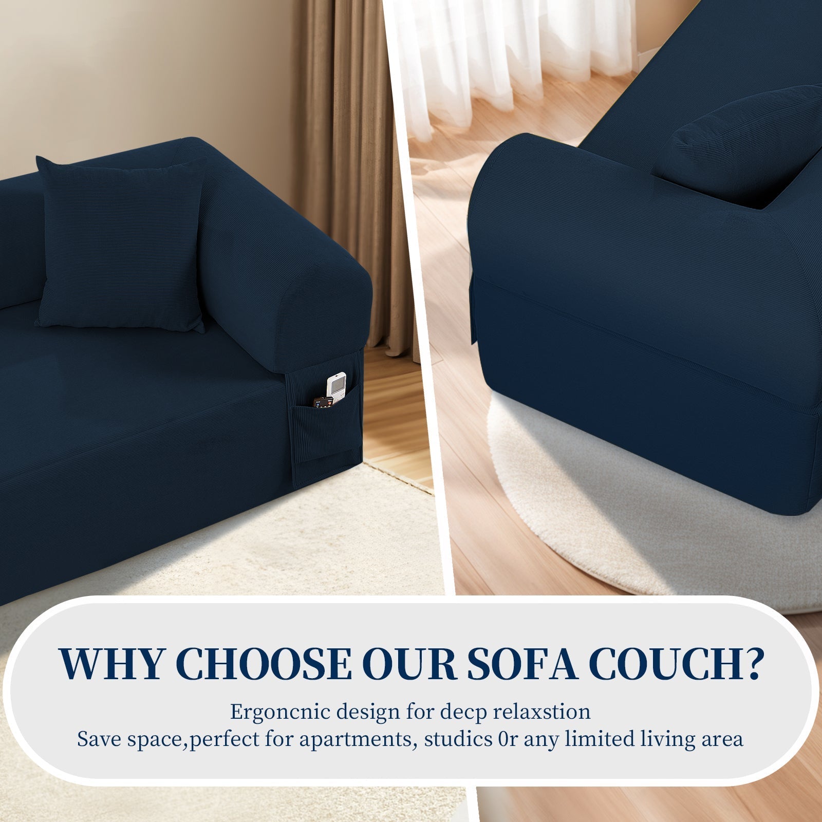 Blue sofa by HouseOfZazla with storage pockets and pillows on Tampa Home & Garden Store