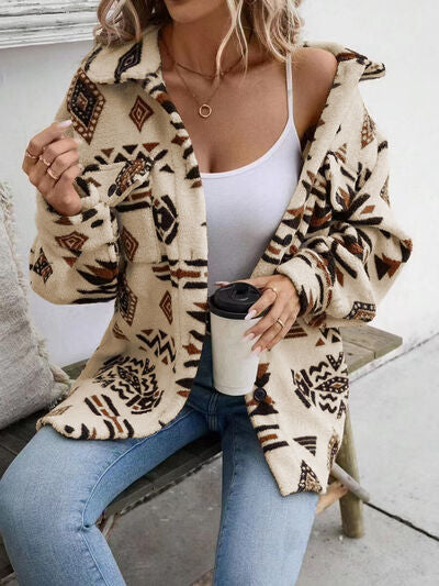 Geometric Button Up Dropped-Shoulder Jacket by Stevvex in cream tribal print on Tampa Home & Garden Store