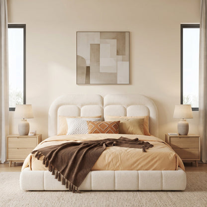 Queen size boucle upholstered platform bed with tufted headboard in beige by HouseOfZazla on Tampa Home & Garden Store
