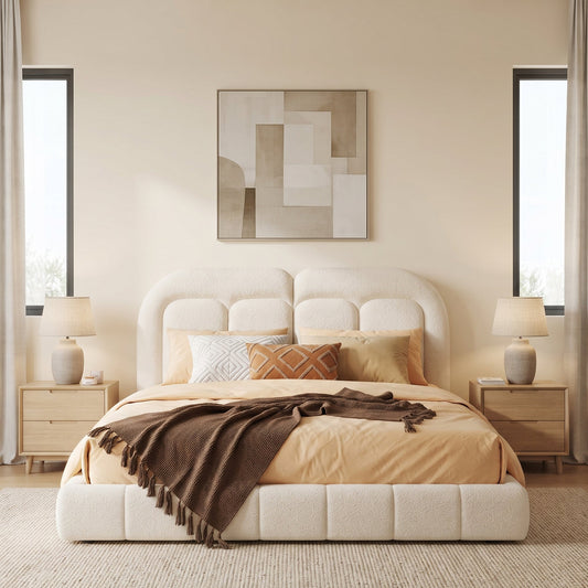 Queen size boucle upholstered platform bed with tufted headboard in beige by HouseOfZazla on Tampa Home & Garden Store