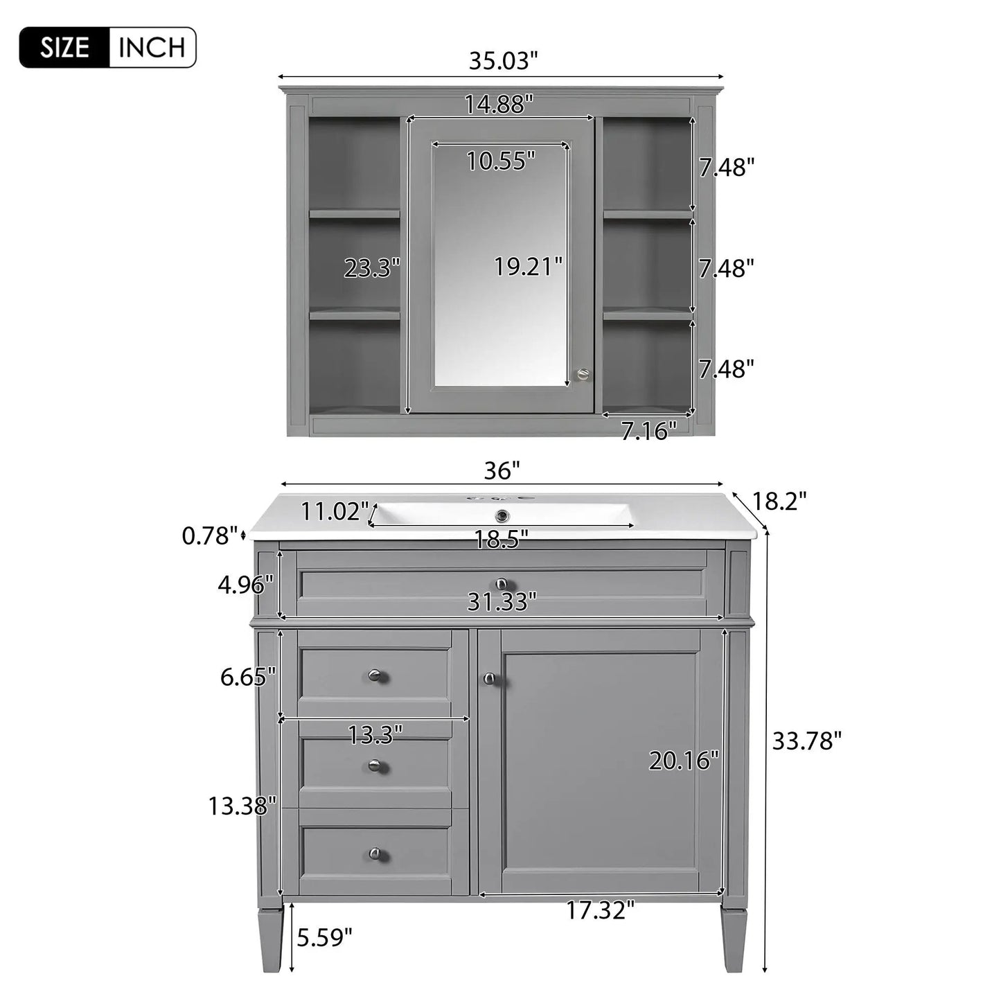 Bathroom vanity with mirror cabinet gray finish, single sink, 2 softclose doors and 4 drawers on Tampa Home & Garden Store