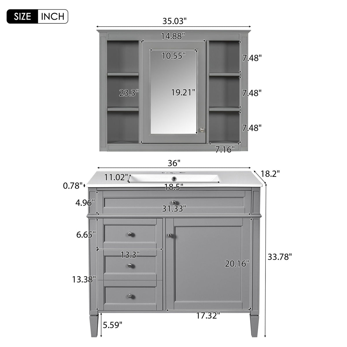 Bathroom vanity with mirror cabinet and single sink, gray finish, soft-close doors on Tampa Home & Garden Store
