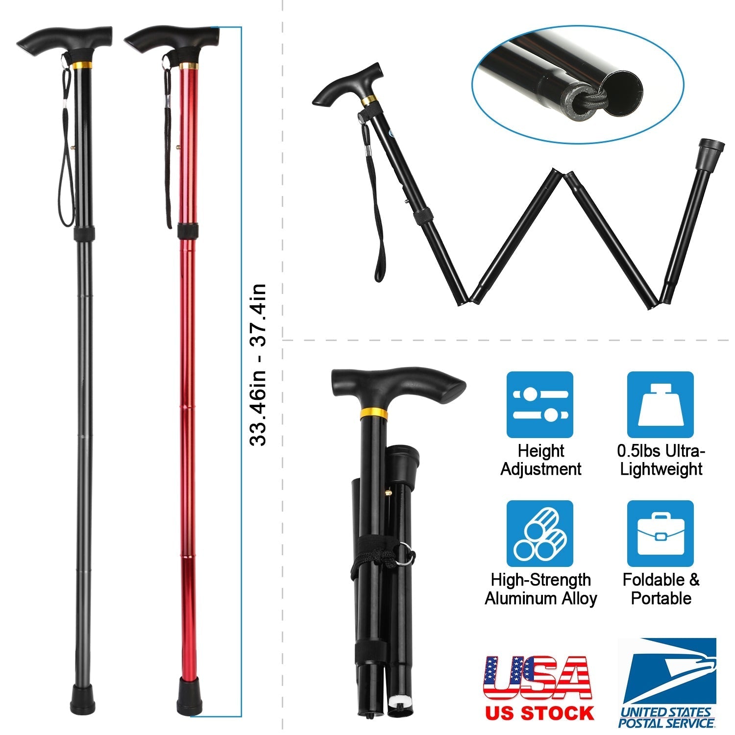 GemGear aluminum alloy adjustable folding walking canes (2) black and red with anti-slip tips on Tampa Home & Garden Store