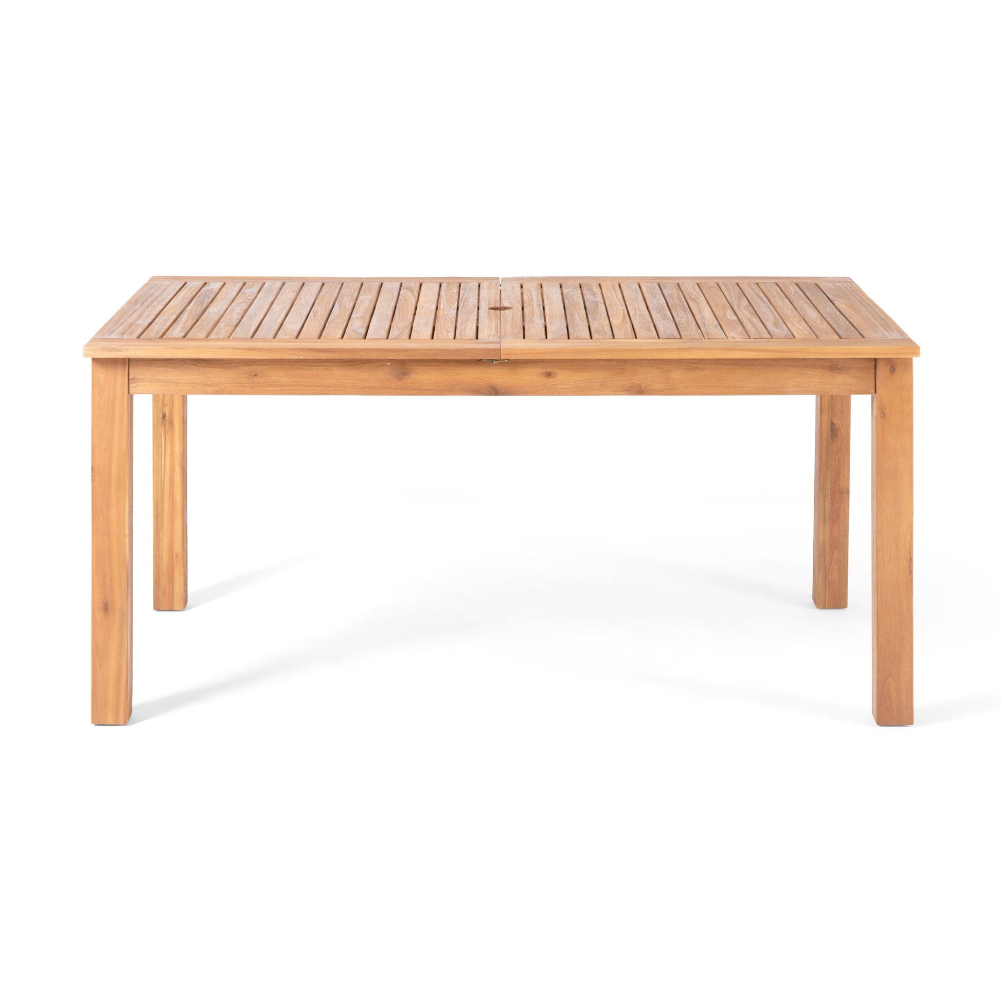 Outdoor acacia dining table with slatted top from a 7-piece rustic set by HouseOfZazla on Tampa Home & Garden Store