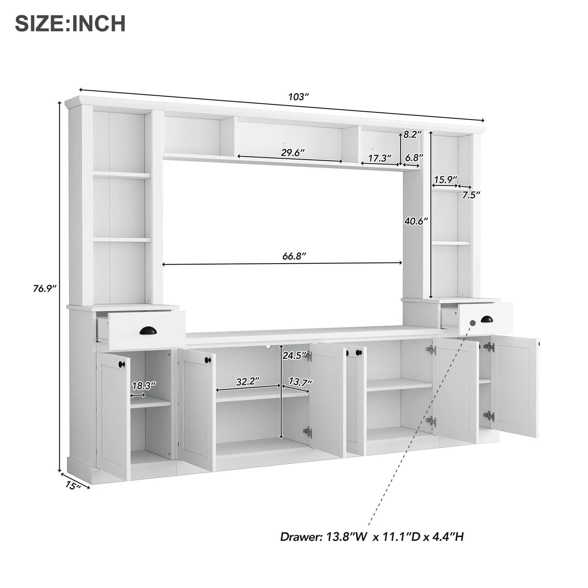 Entertainment wall unit with bridge, white, by Unique Piece Furniture for up to 75in TV on Tampa Home & Garden Store