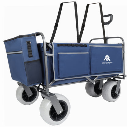 Beach Wagon with Big Wheels for Sand in blue fabric, outdoor wagon with straps and Wagopro logo on Tampa Home & Garden Store