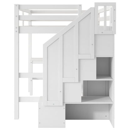 Loft bed with L-shaped desk in white finish, built-in drawers and storage staircase on Tampa Home & Garden Store