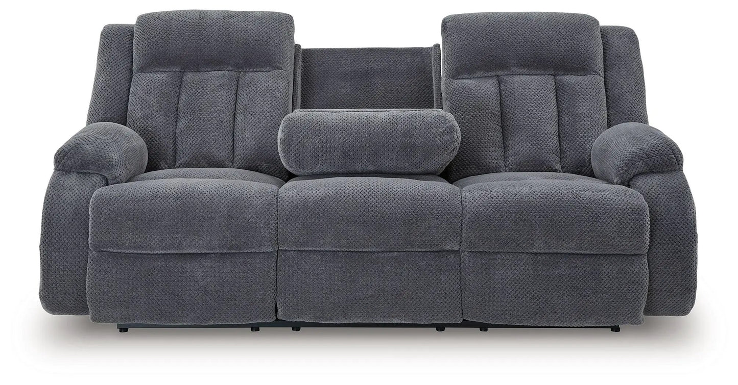 Observation reclining power sofa with drop-down table in steel gray fabric on Tampa Home & Garden Store