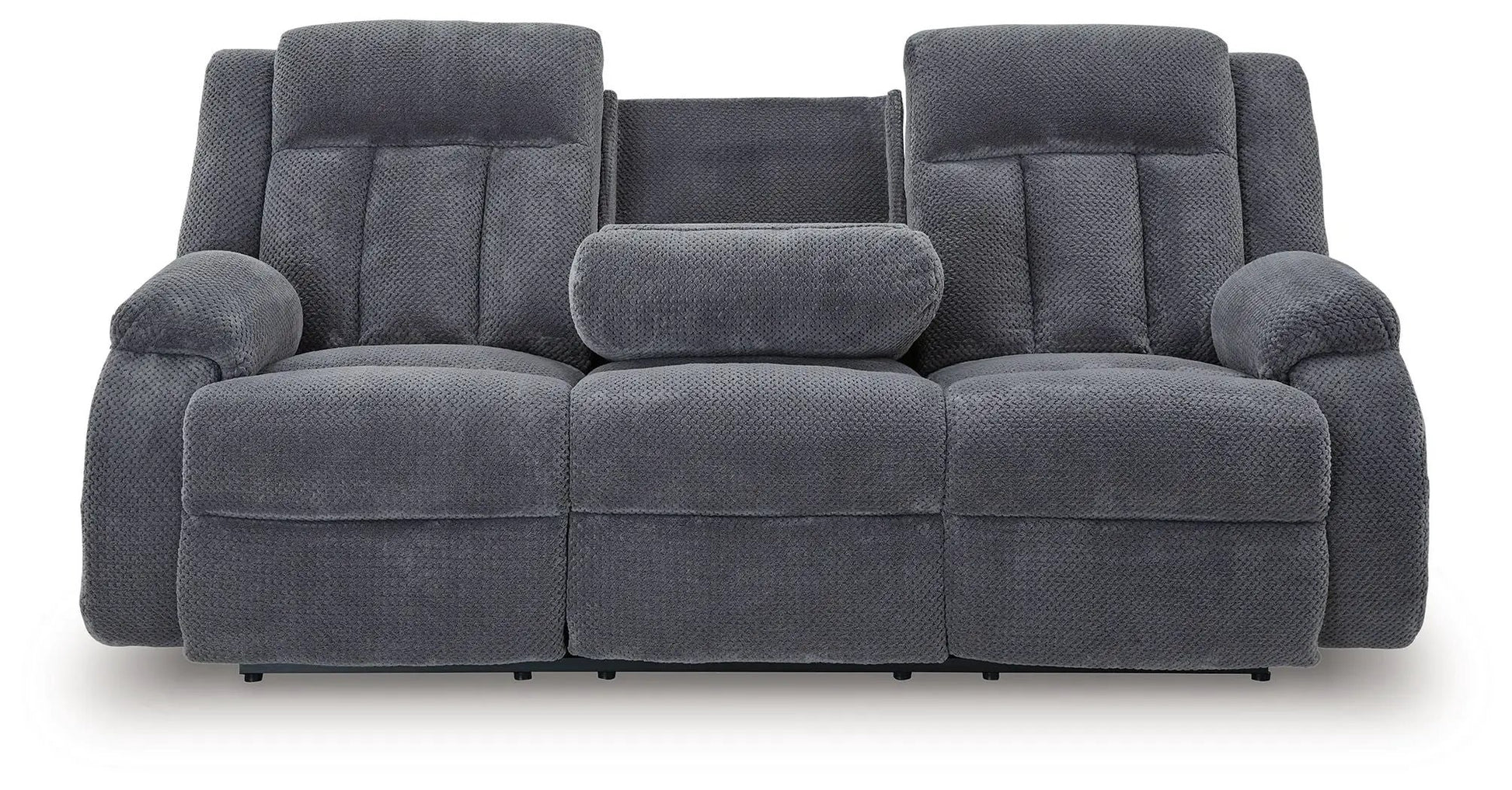 Observation reclining power sofa with drop-down table in steel gray fabric on Tampa Home & Garden Store