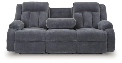 Observation reclining power sofa with drop-down table in steel gray fabric on Tampa Home & Garden Store