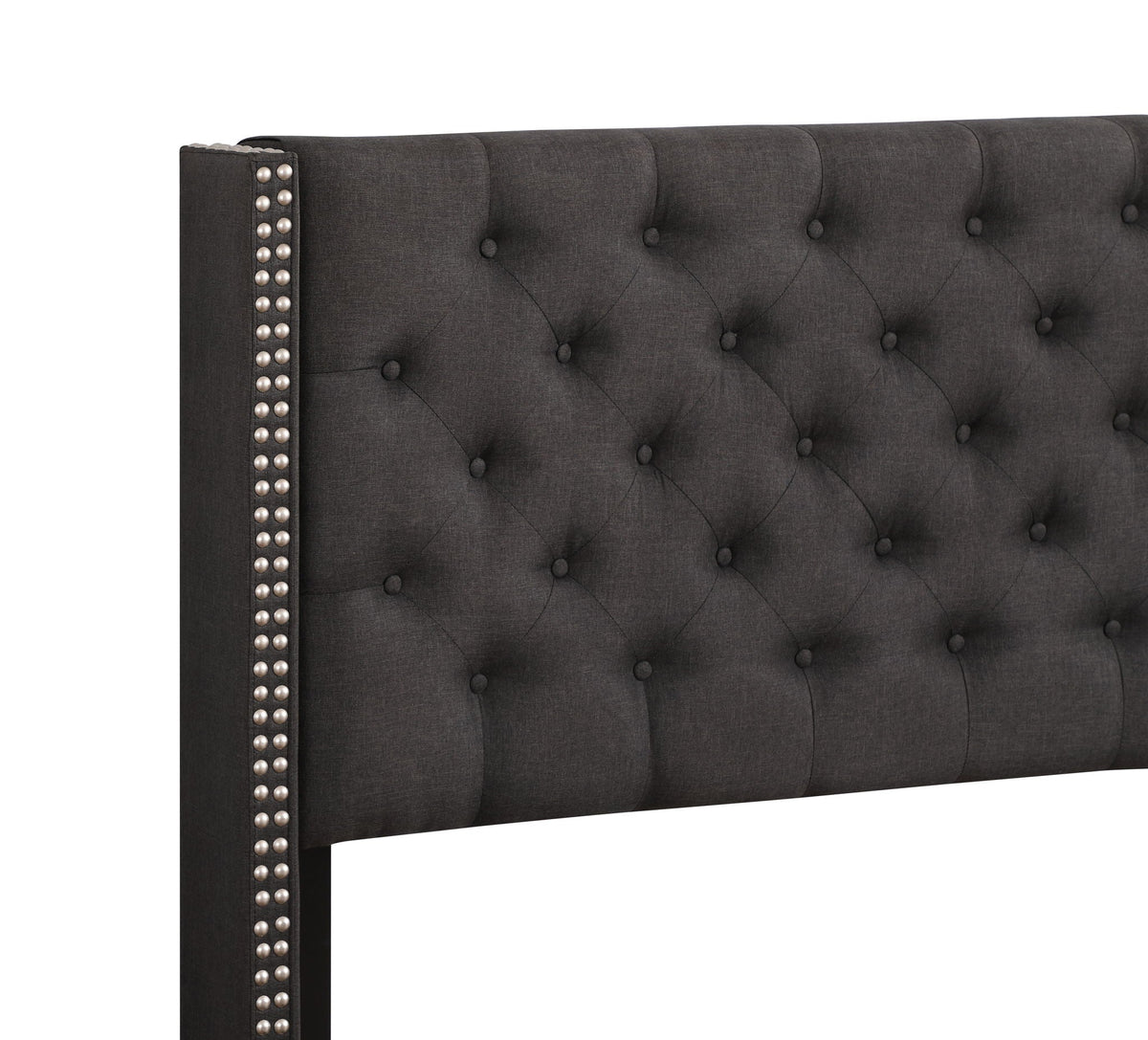 Nailhead bed headboard in charcoal gray with tufted diamond stitching and metal stud trim on Tampa Home & Garden Store