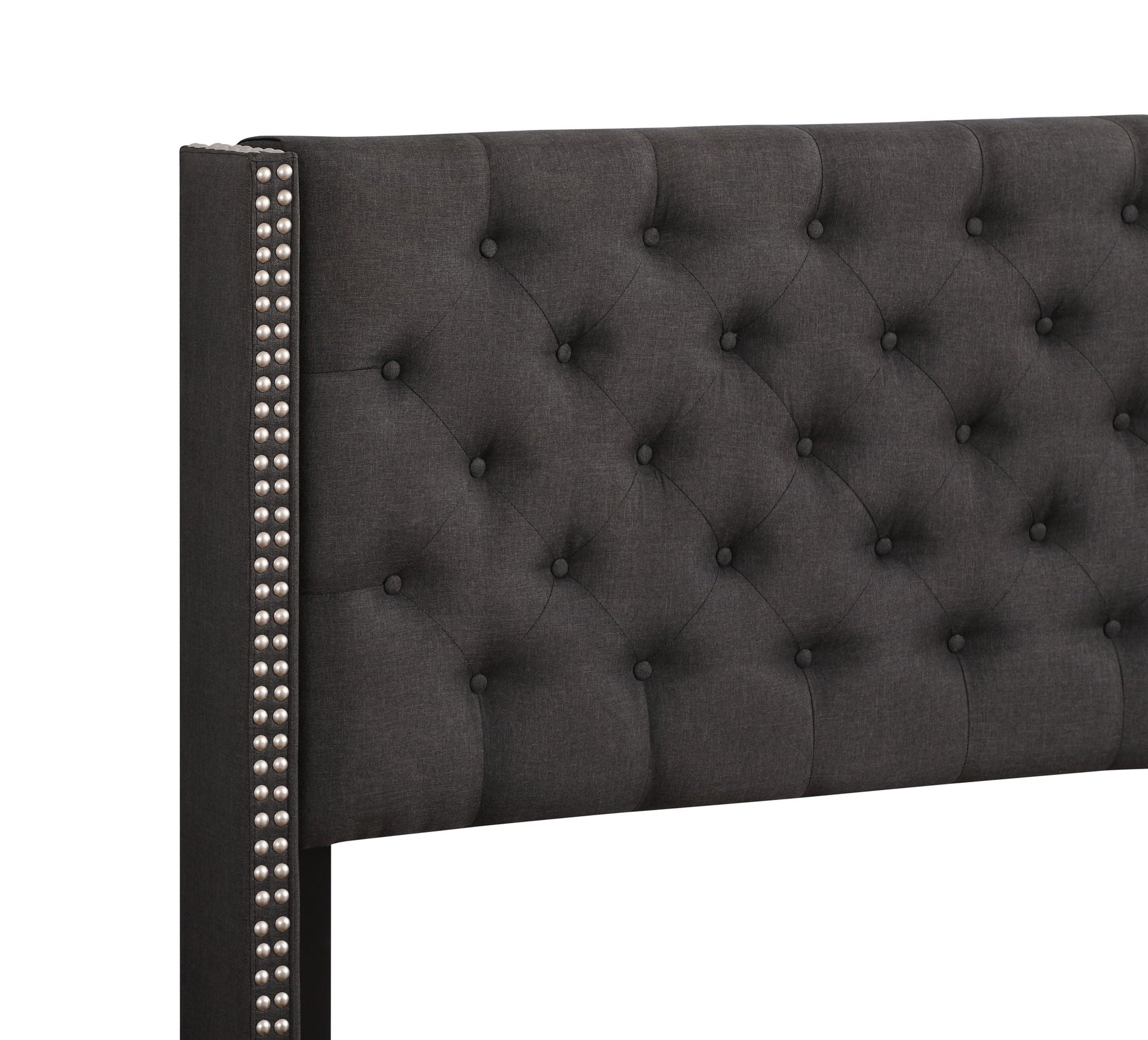 Nailhead bed headboard in charcoal gray with tufted diamond stitching and metal stud trim on Tampa Home & Garden Store