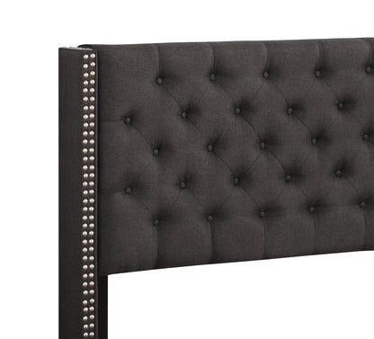 Nailhead bed headboard in charcoal gray with tufted diamond stitching and metal stud trim on Tampa Home & Garden Store