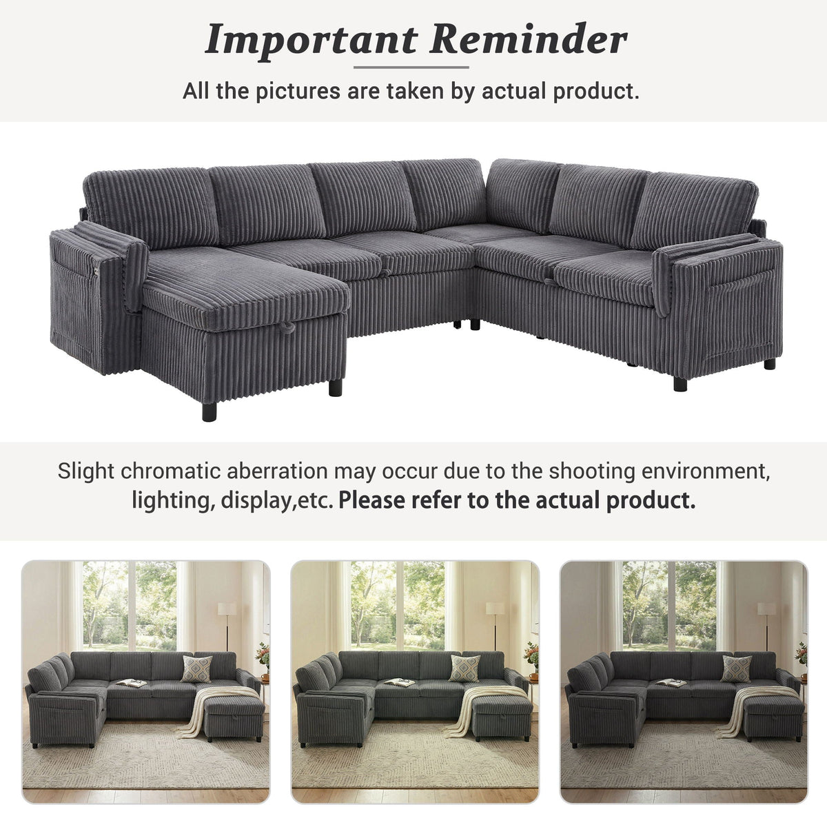 Convertible U-shaped sectional sofa bed in gray corduroy with USB ports by HouseOfZazla on Tampa Home & Garden Store