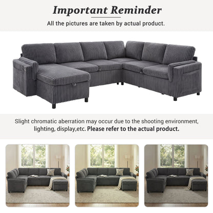 Convertible U-shaped sectional sofa bed in gray corduroy with USB ports by HouseOfZazla on Tampa Home & Garden Store