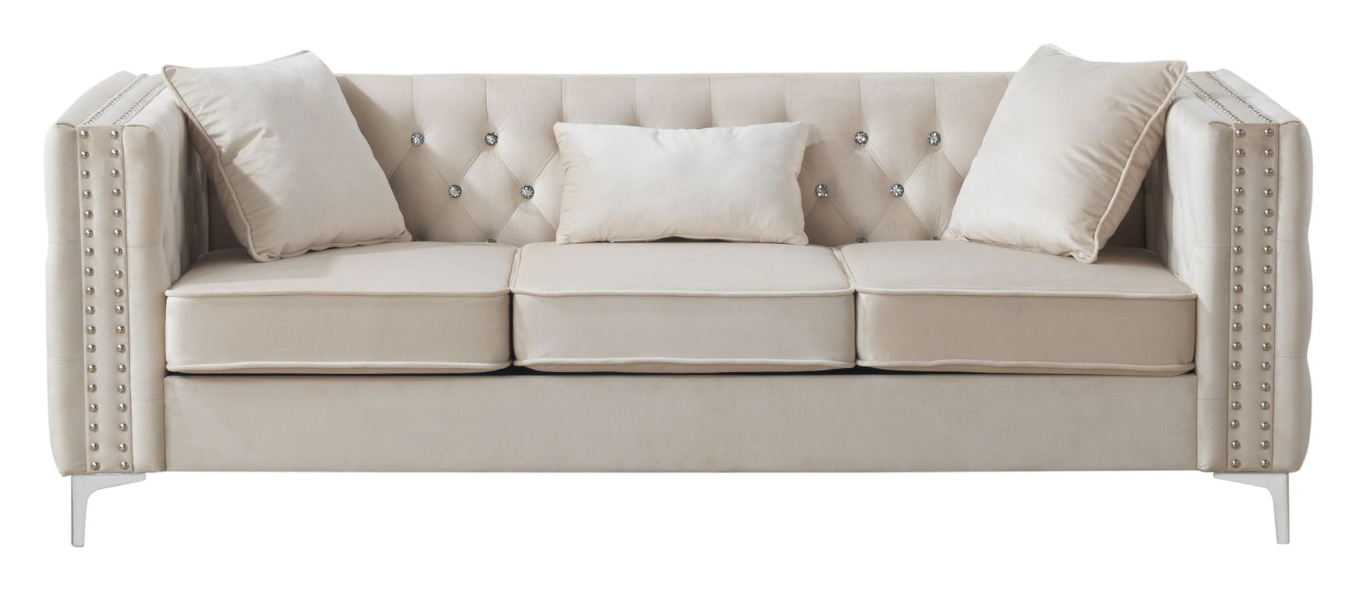 Paige sofa cream tufted stationary sofa with crystal buttons and nailhead arms on Tampa Home & Garden Store