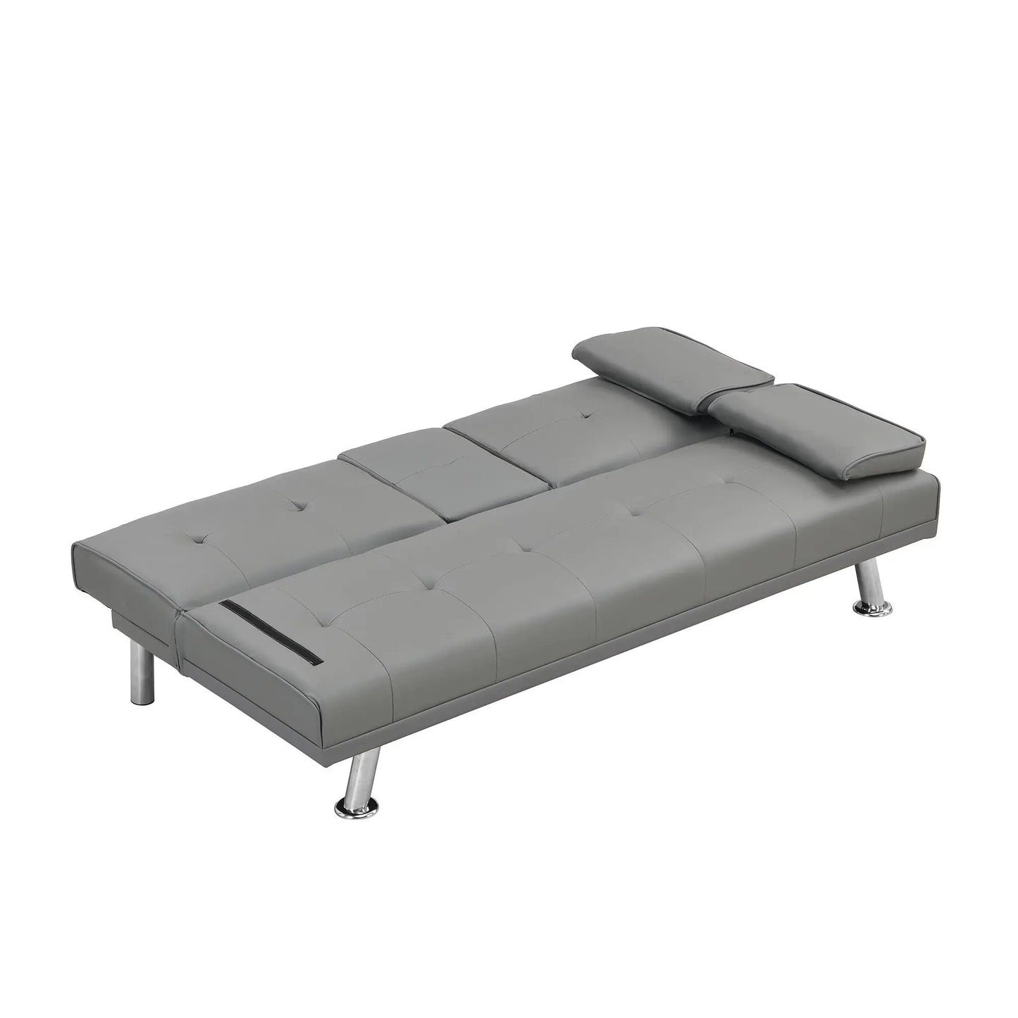 Futon sofa bed with tufted gray upholstery, wood frame and stainless legs on Tampa Home & Garden Store
