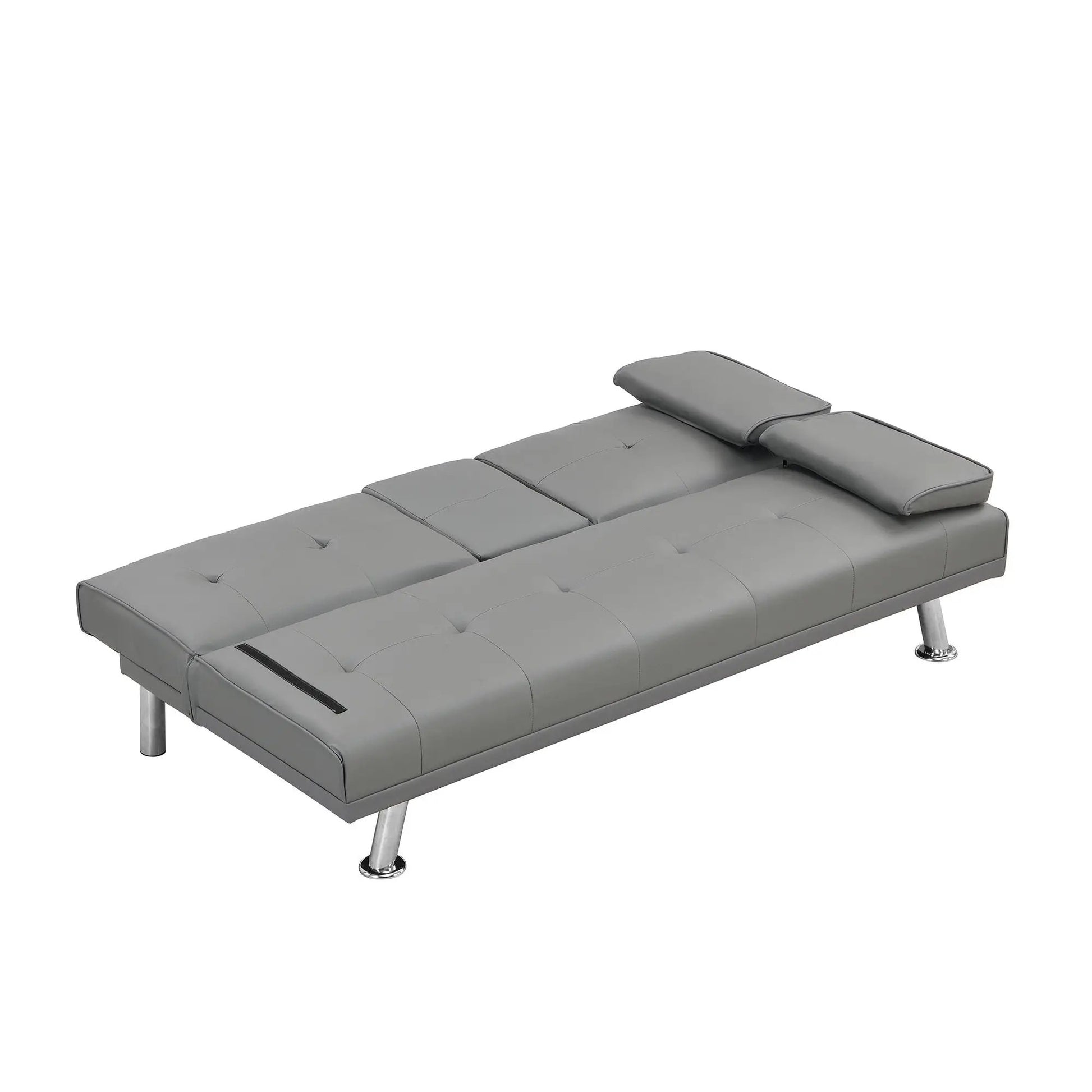 Futon sofa bed with tufted gray upholstery, wood frame and stainless legs on Tampa Home & Garden Store