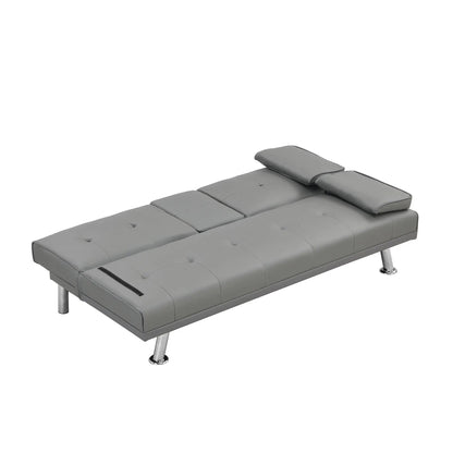 Futon sofa bed with tufted gray upholstery, wood frame and stainless legs on Tampa Home & Garden Store