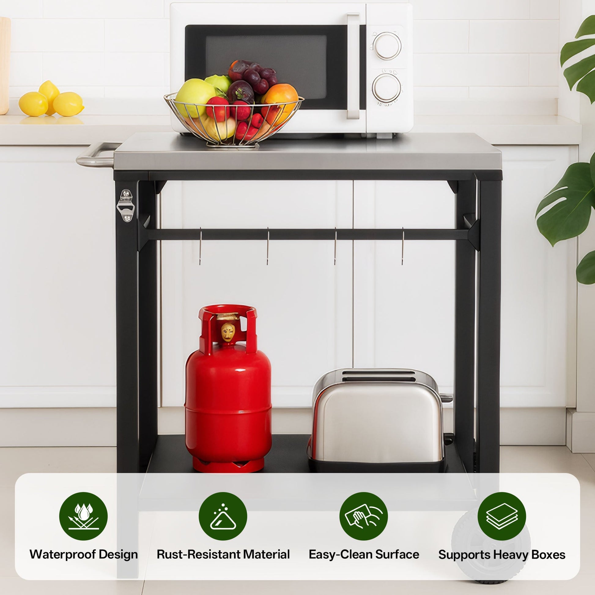2-Tier Outdoor Grill Cart by HouseOfZazla, black metal frame, stainless top, propane tank below on Tampa Home & Garden Store
