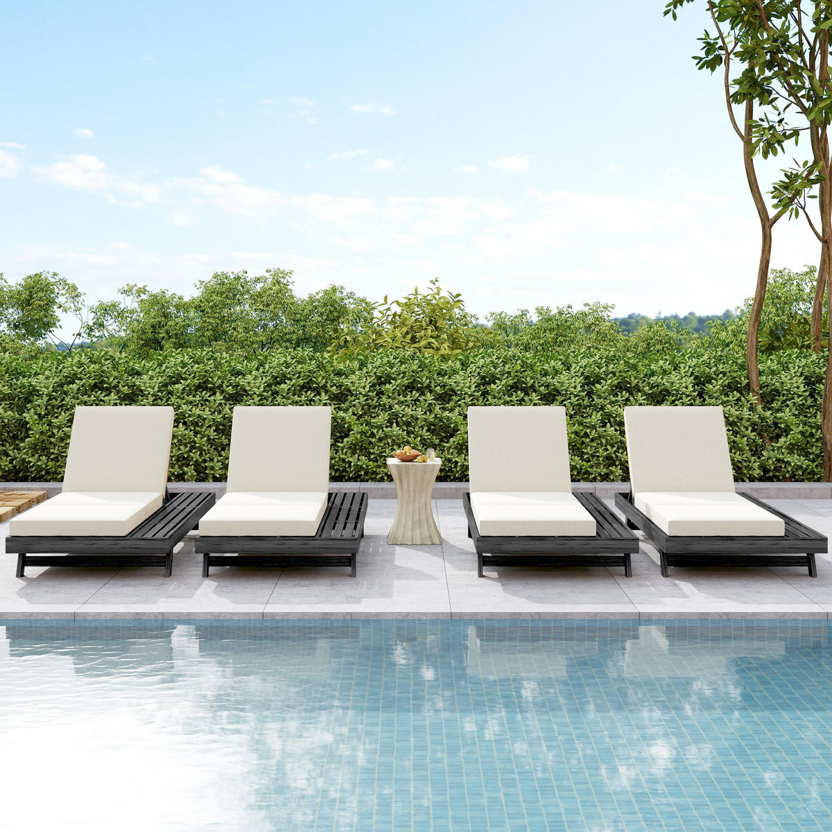 Acacia wood outdoor chaise lounger with beige cushion, poolside sunlounger set (6) by HouseOfZazla on Tampa Home & Garden Store