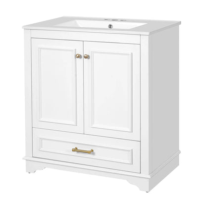 White bathroom vanity with sink, 2 soft-closing doors, adjustable shelf and brass hardware on Tampa Home & Garden Store