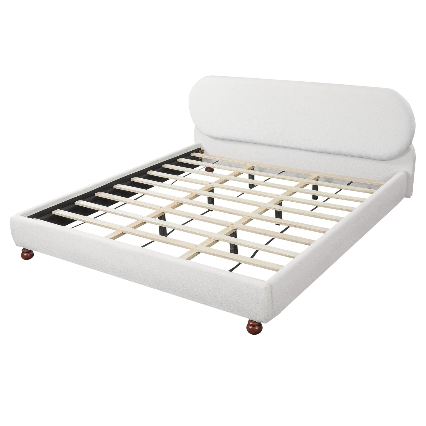 Cream bouclé upholstered King bed frame with rubber wood feet and slats HouseOfZazla on Tampa Home & Garden Store