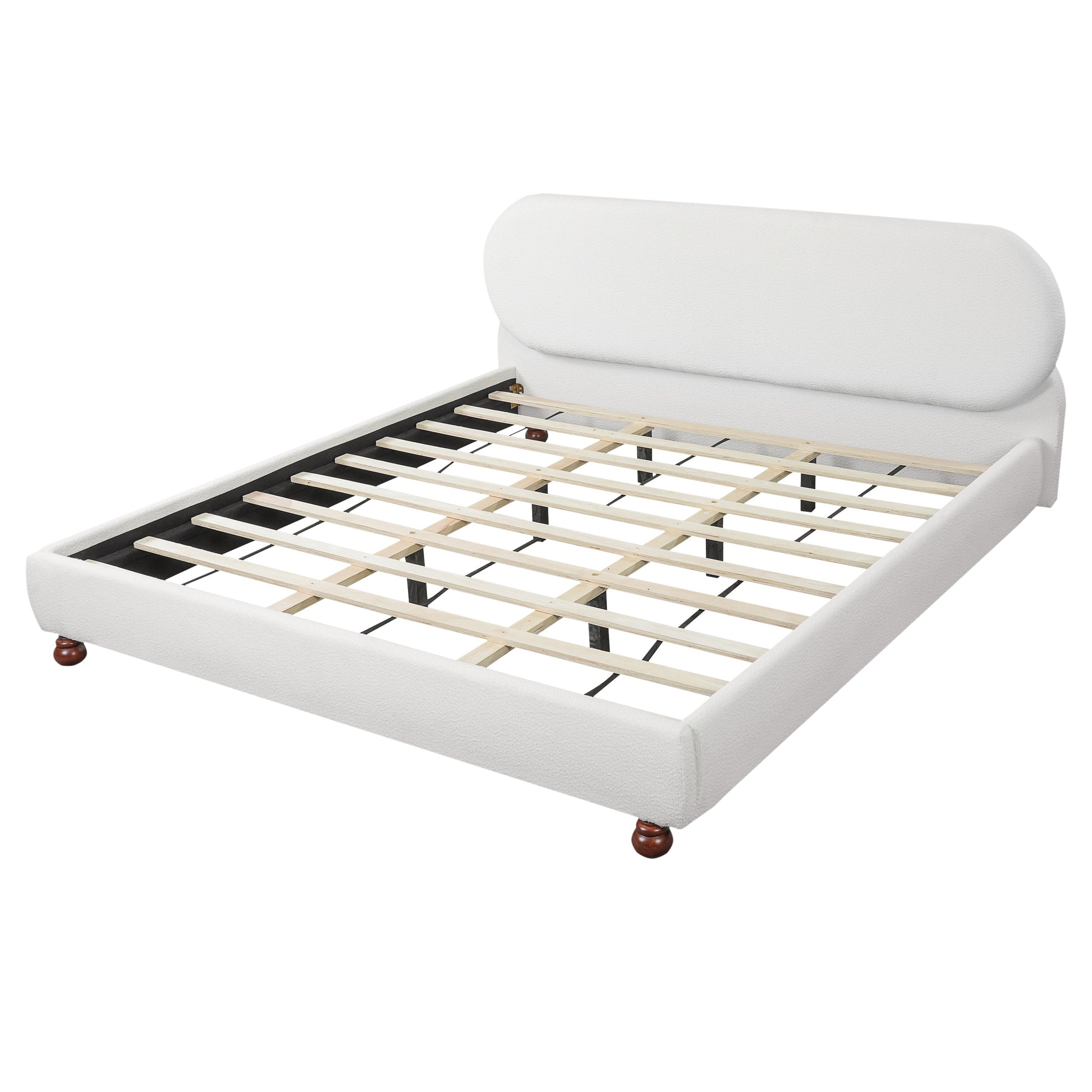 Cream bouclé upholstered King bed frame with rubber wood feet and slats HouseOfZazla on Tampa Home & Garden Store