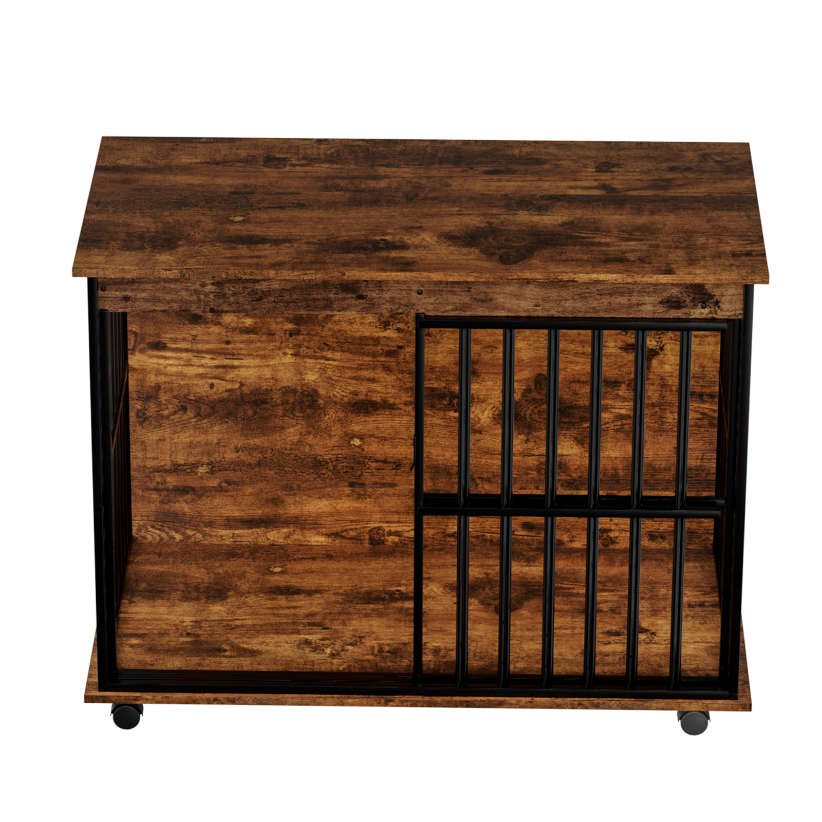 Large Wooden Dog Crate Furniture HouseOfZazla with rustic finish and black metal bars on wheels on Tampa Home & Garden Store