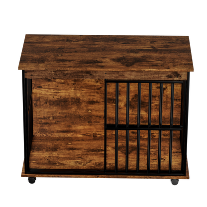Large Wooden Dog Crate Furniture HouseOfZazla with rustic finish and black metal bars on wheels on Tampa Home & Garden Store